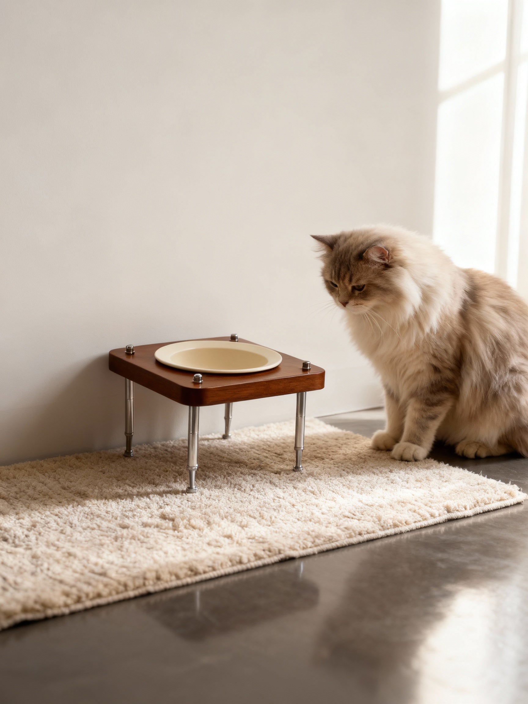 Minimal home shot, adjustable walnut pet feeder with cream ceramic dish beside bright window