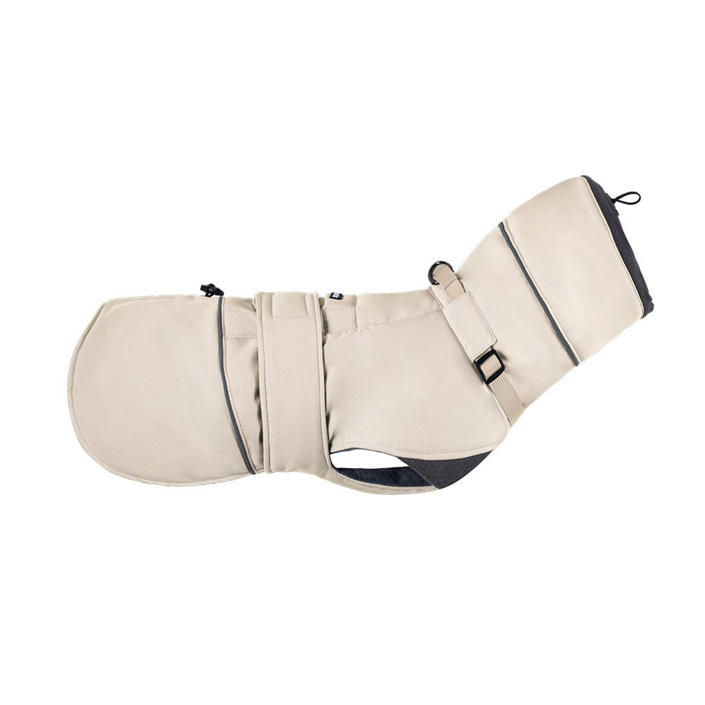 Cream waterproof dog winter coat product shot on white background