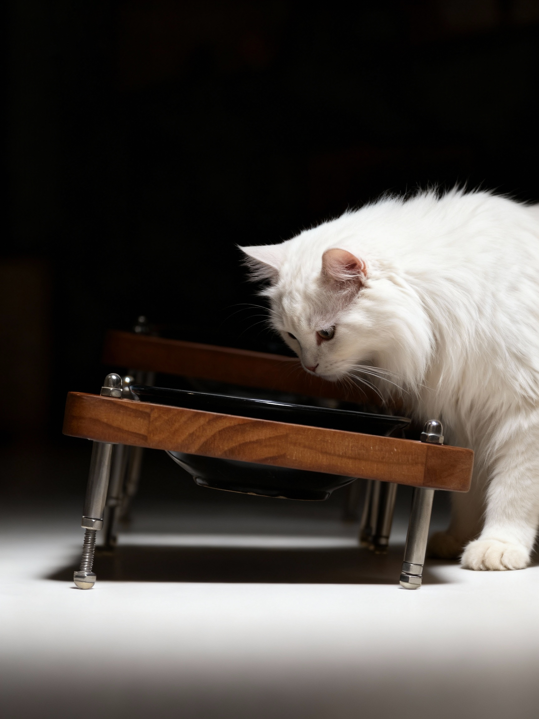 Minimal studio photo of elevated wooden cat bowl stand with glossy black ceramic dish, fluffy white cat eating