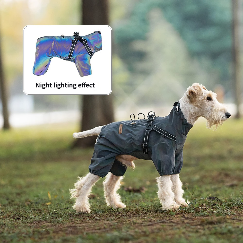 Four legged waterproof dog rain jacket with built-in harness outdoor