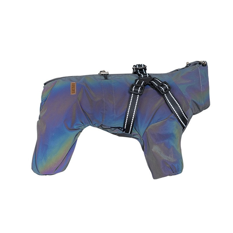 Holographic iridescent four legged dog rain suit flat view