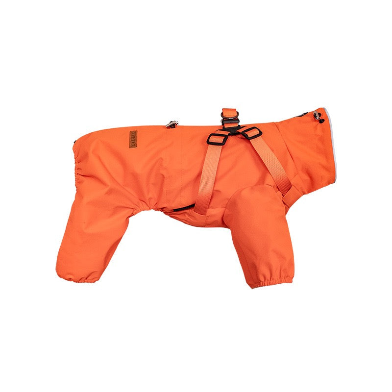 Orange dog four-legged rain suit flat view
