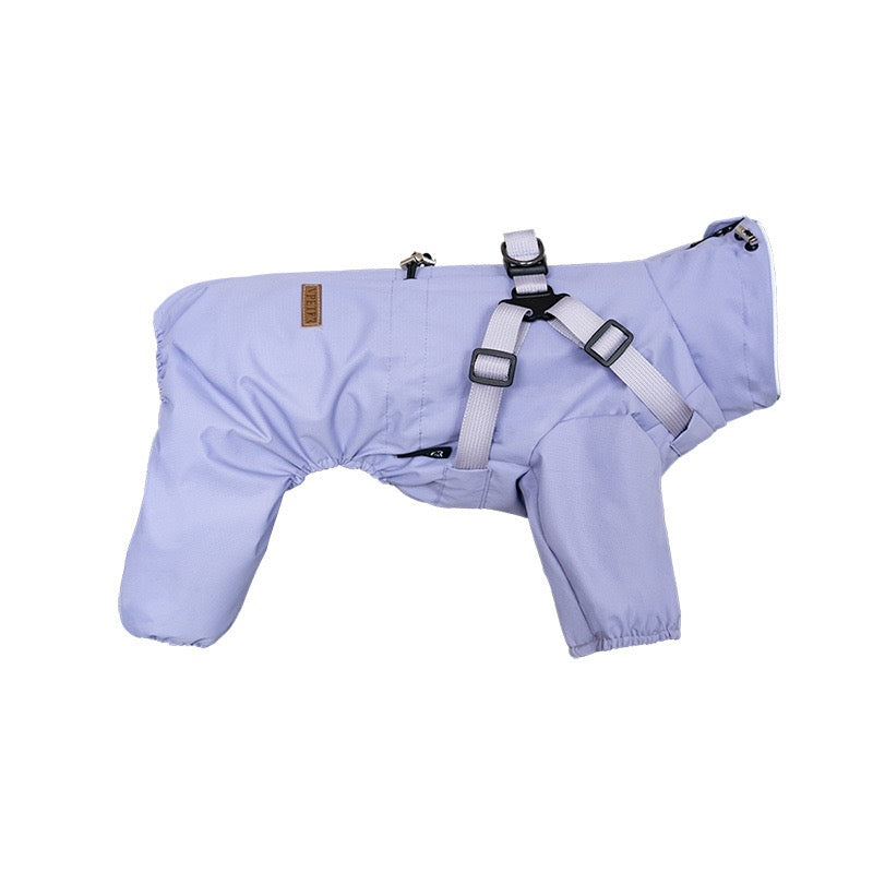 Purple dog four legged rain jacket flat lay product shot