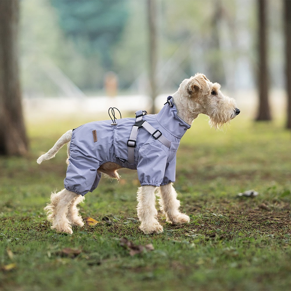 Purple waterproof dog rain jacket with integrated harness