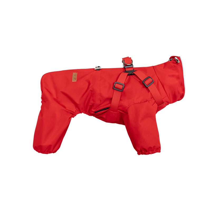 Red dog full body rain jacket flat lay