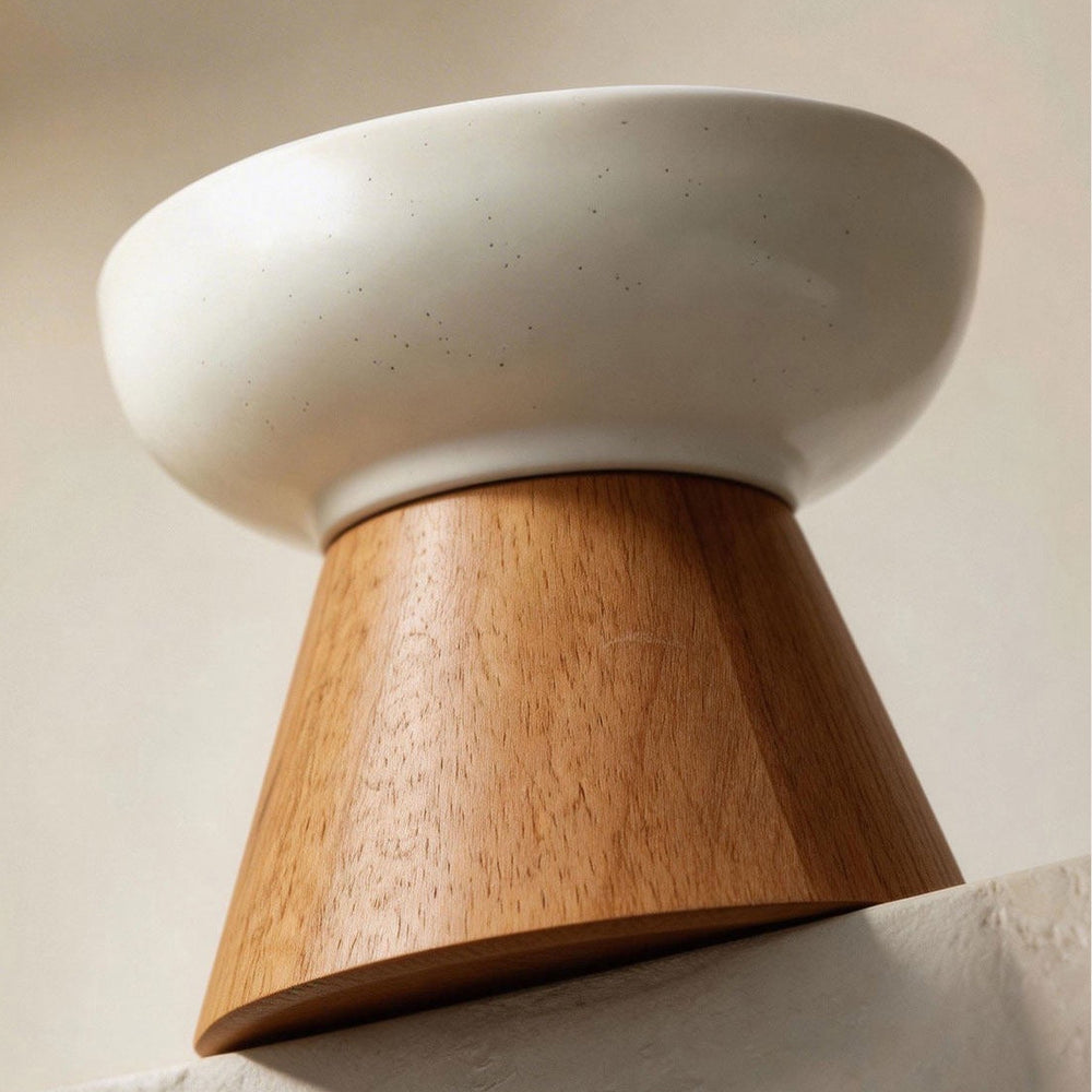 Single elevated ceramic cat water bowl with solid wood tapered base, filled with fresh water