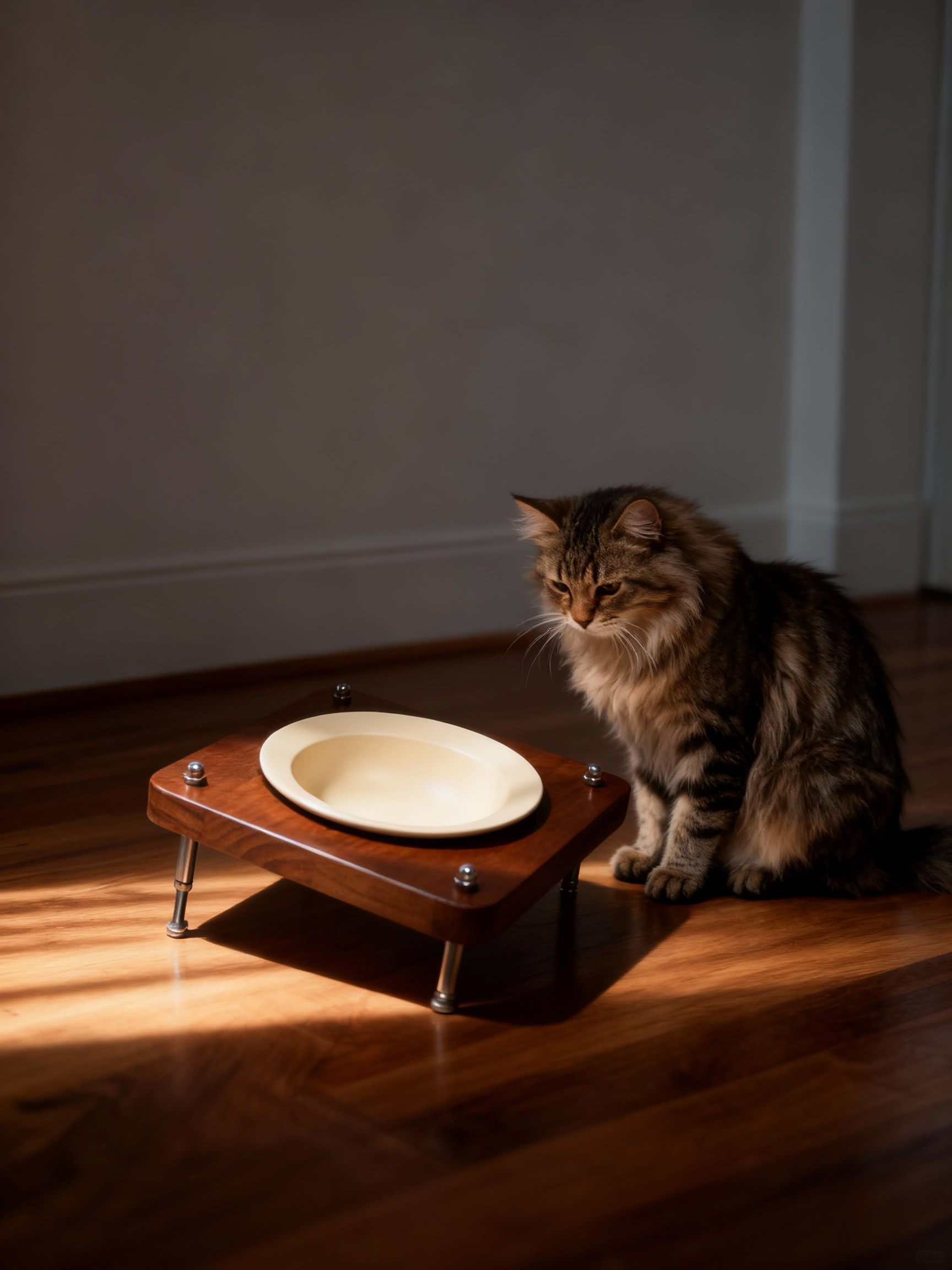 Adjustable raised wooden pet feeder single ceramic bowl for cat, mid‑century walnut stand, home natural sunlight shot