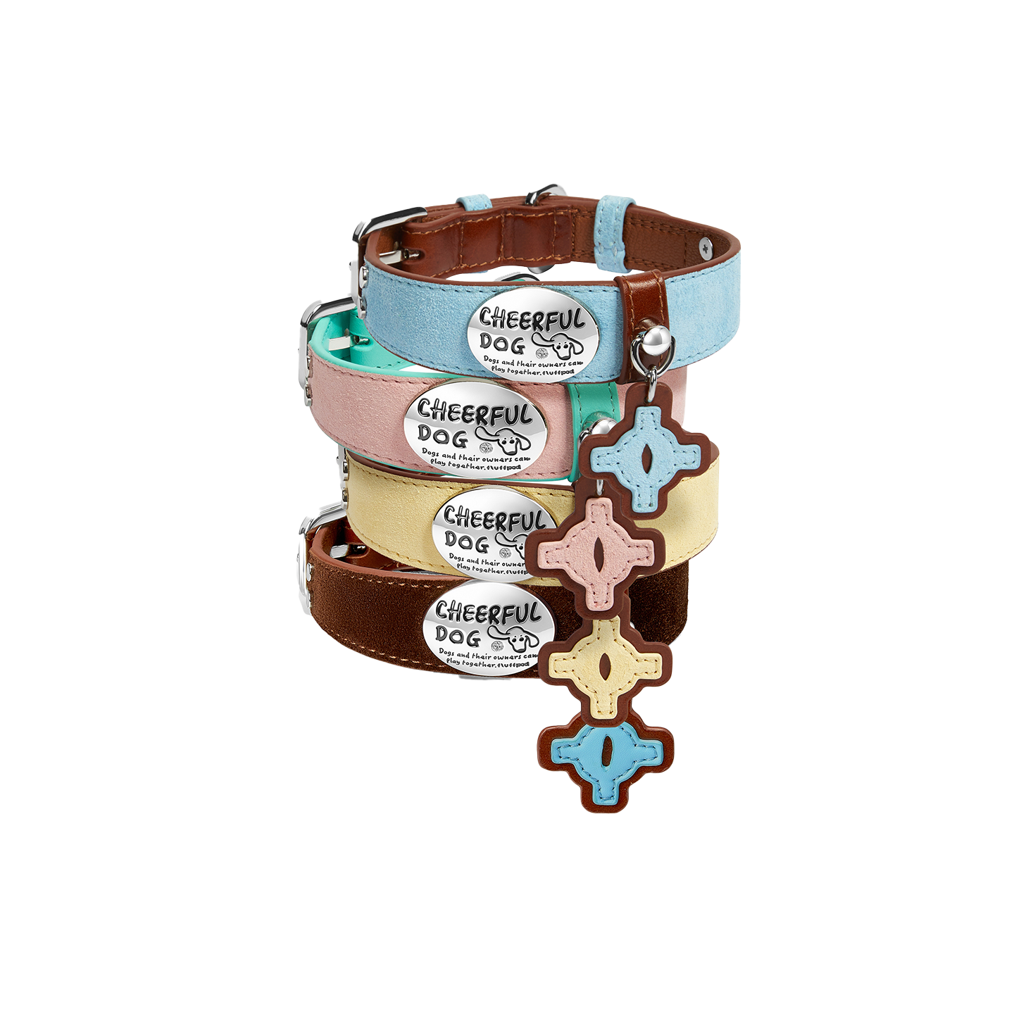 genuine-leather-dog-collar-4colors-stack-white-background, Four color genuine leather dog collar stack on white background, dark brown, sky blue, pink, cream yellow, premium metal hardware and cross leather tag