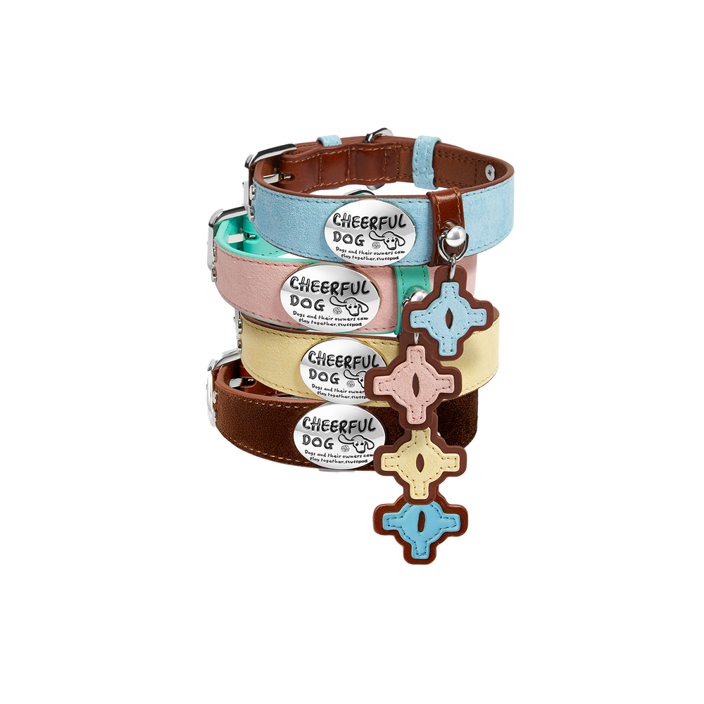 genuine-leather-dog-collar-4colors-stack-white-background, Four color genuine leather dog collar stack on white background, dark brown, sky blue, pink, cream yellow, premium metal hardware and cross leather tag