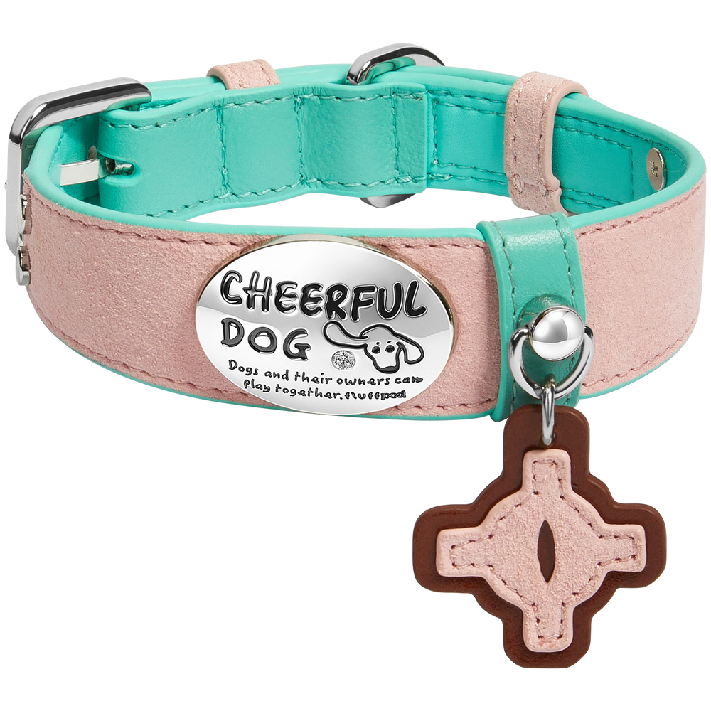 genuine-leather-dog-collar-leash-pink-white-bg, Pink genuine leather dog collar and leash set with premium metal hardware, white background product image