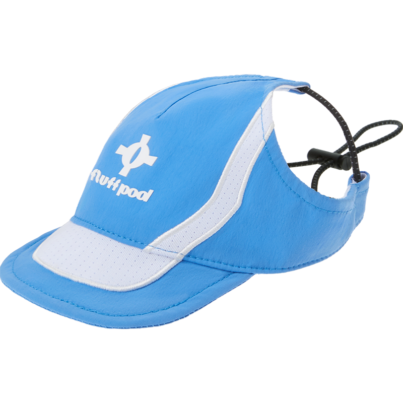 Glacier blue adjustable pet baseball cap for dogs, isolated white background, ear hole design and chin strap