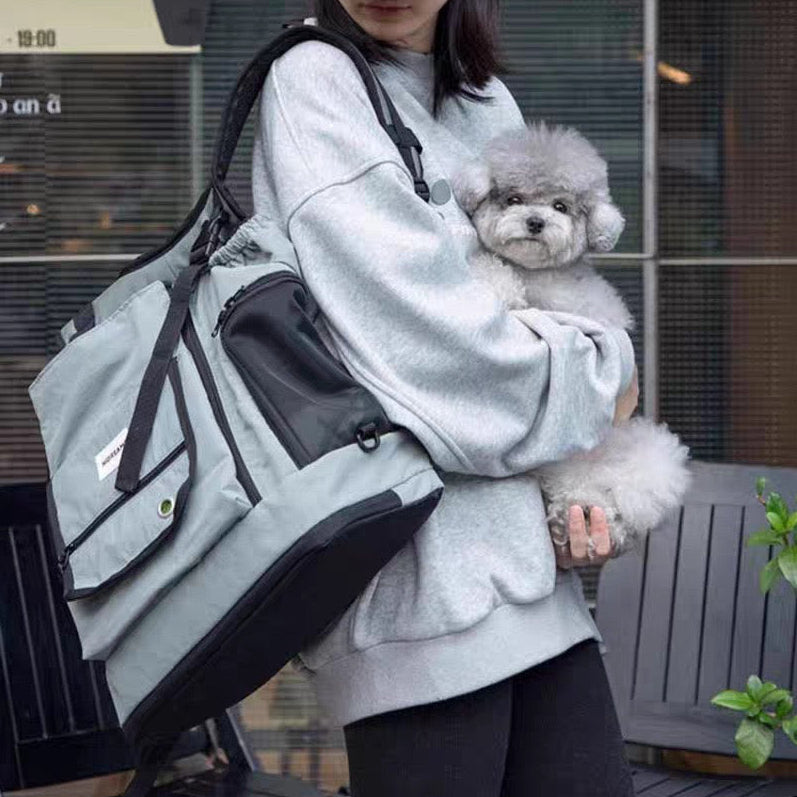 Grey PawHavens pet carrier backpack back view, wearable backpack for small pets