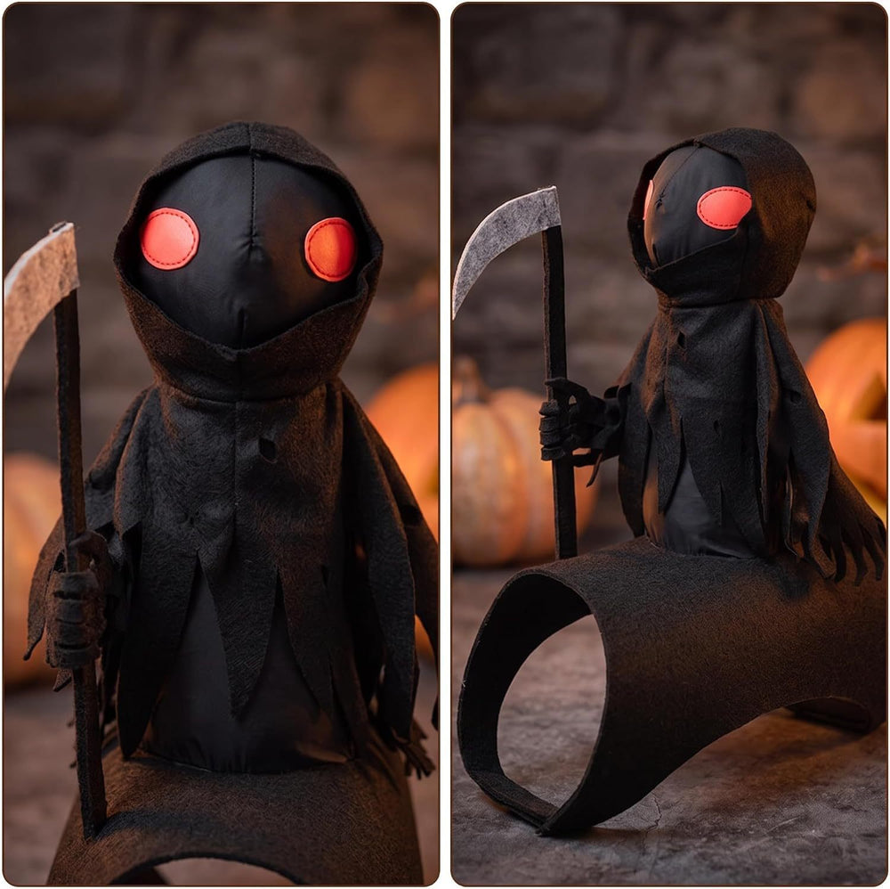 Close-up of premium felt Grim Reaper doll with scythe for pet Halloween costume, durable accessory