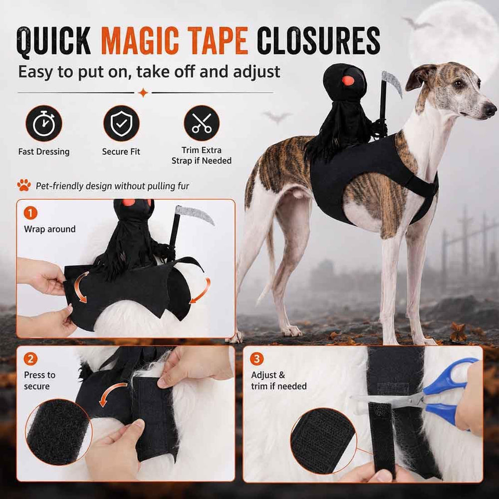 Quick magic tape closure guide for Grim Reaper pet Halloween costume, easy to put on and take off for dogs and cats
