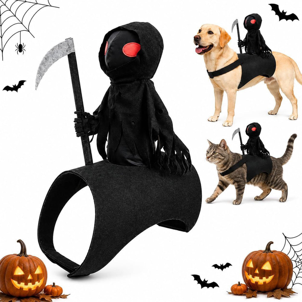 Premium felt material diagram of Grim Reaper pet Halloween costume, lightweight and wearable for pets
