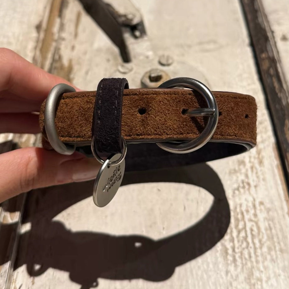 Handcrafted brown suede dog collar with heavy‑duty silver metal D‑ring and engraved tag