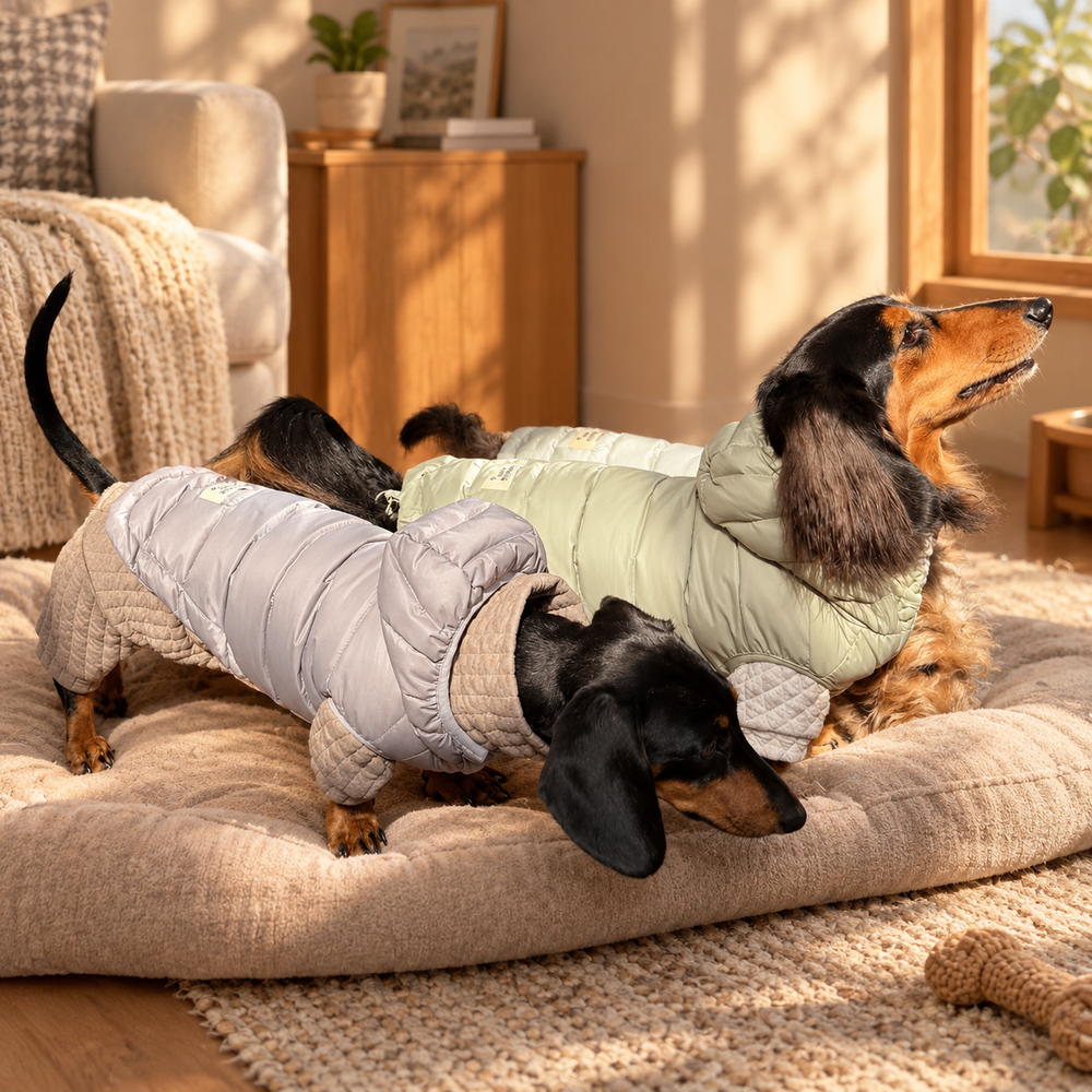 Dogs modeling lavender and sage green duck down vests