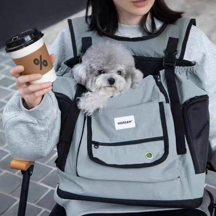 Light grey 2-in-1 pet front carrier backpack with small dog, portable pet travel carrier