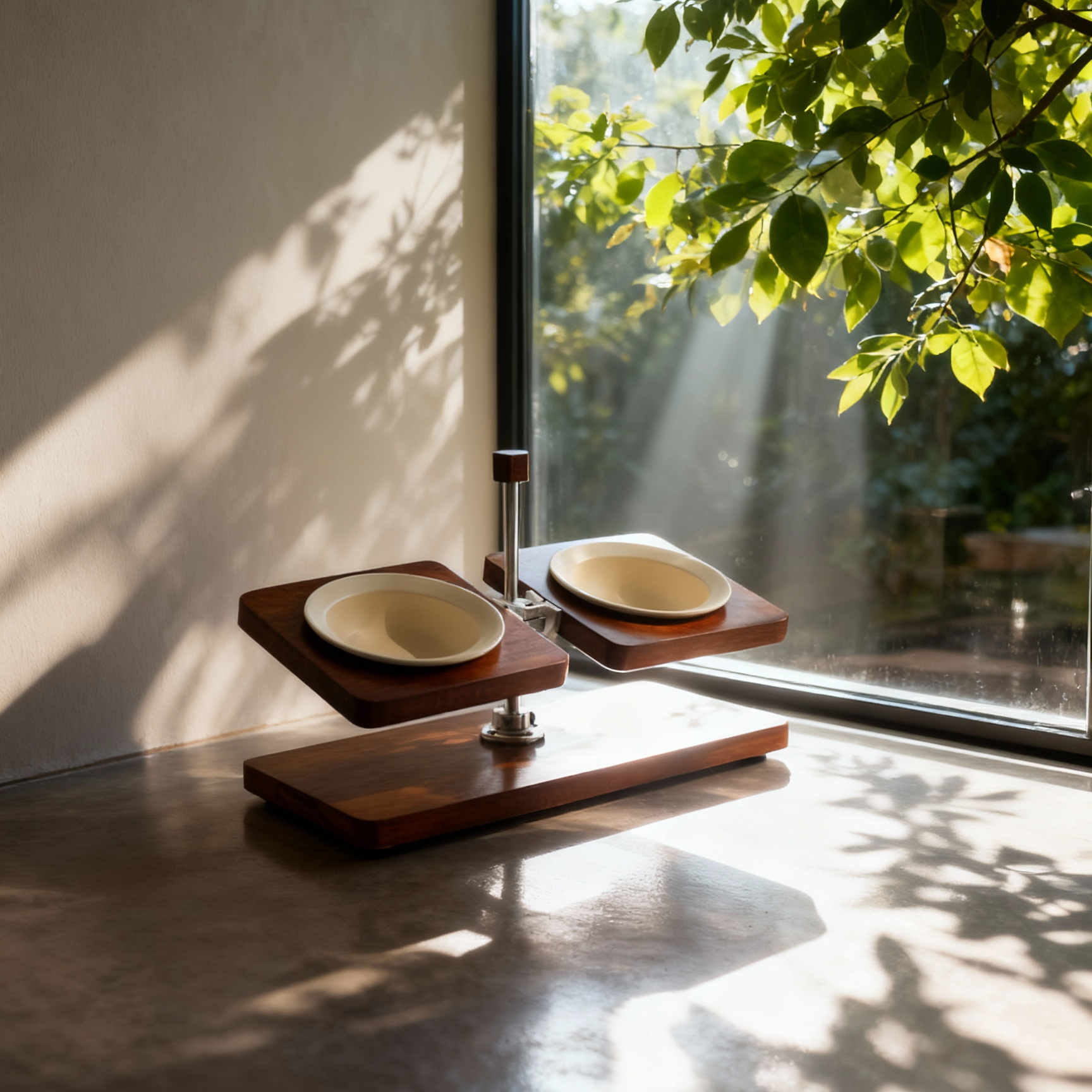 Handmade wooden tilted cat bowl feeder near window, natural sunlight