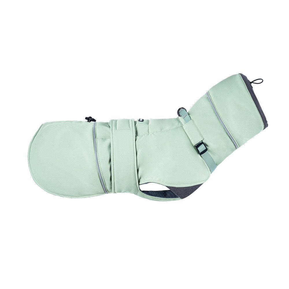 Mint green waterproof dog winter coat product shot on white background
