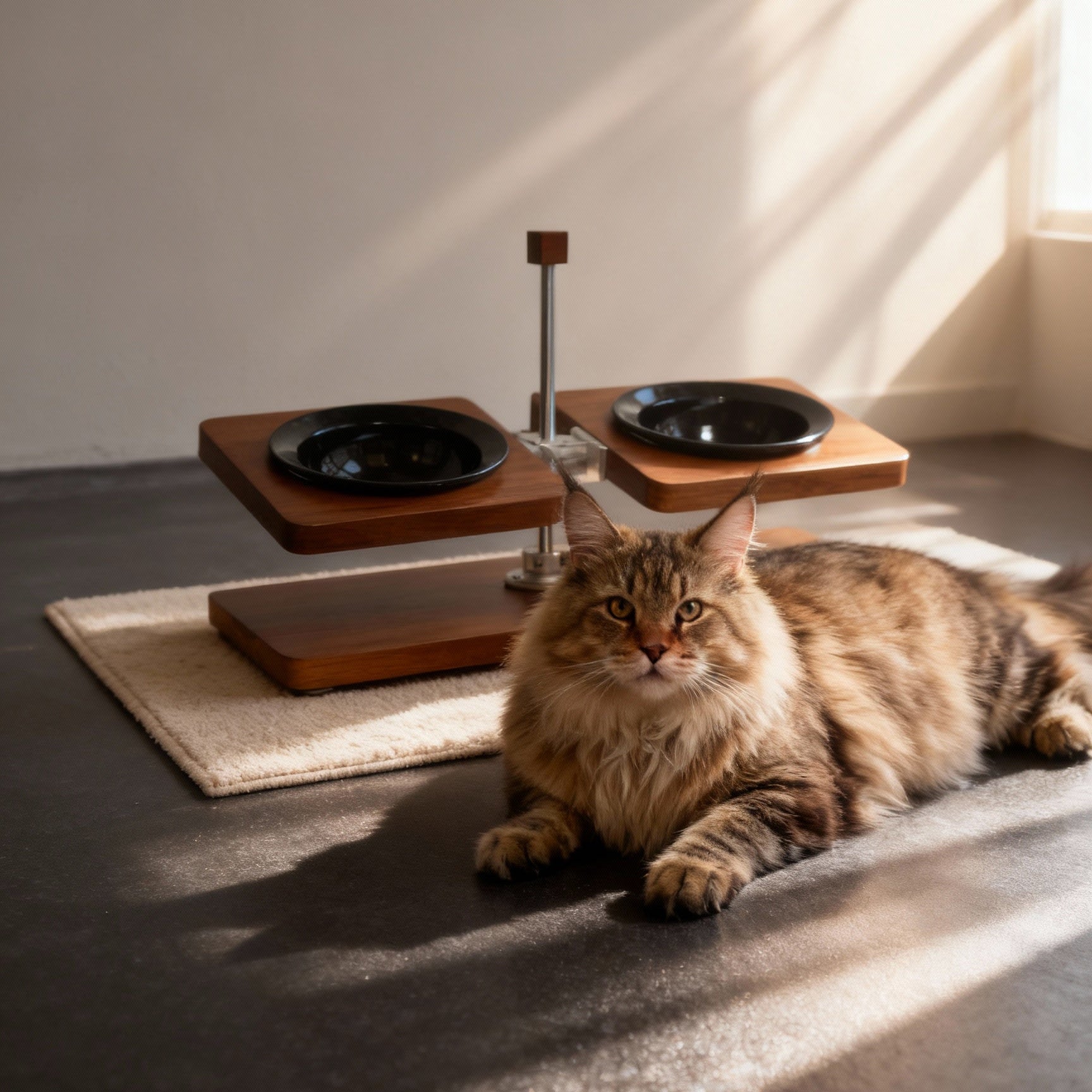 Modern luxury wooden cat food bowl stand with maine coon cat, adjustable height