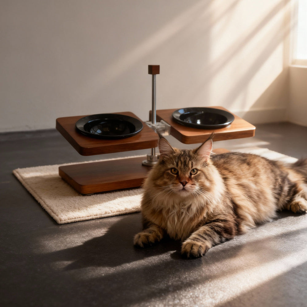 Modern luxury wooden cat food bowl stand with maine coon cat, adjustable height