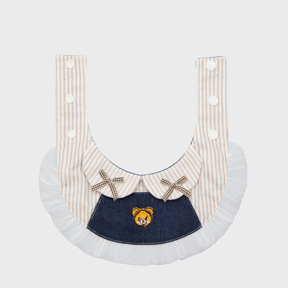 Flat lay of Navy Denim Dog Bandana with Bear Embroidery, U-shaped pet neckwear for dogs