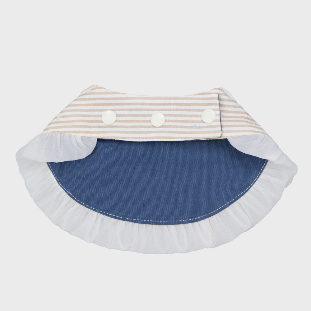 Back view of Navy Denim Dog Bandana with Bear Embroidery, thick navy denim fabric and tulle ruffle detail