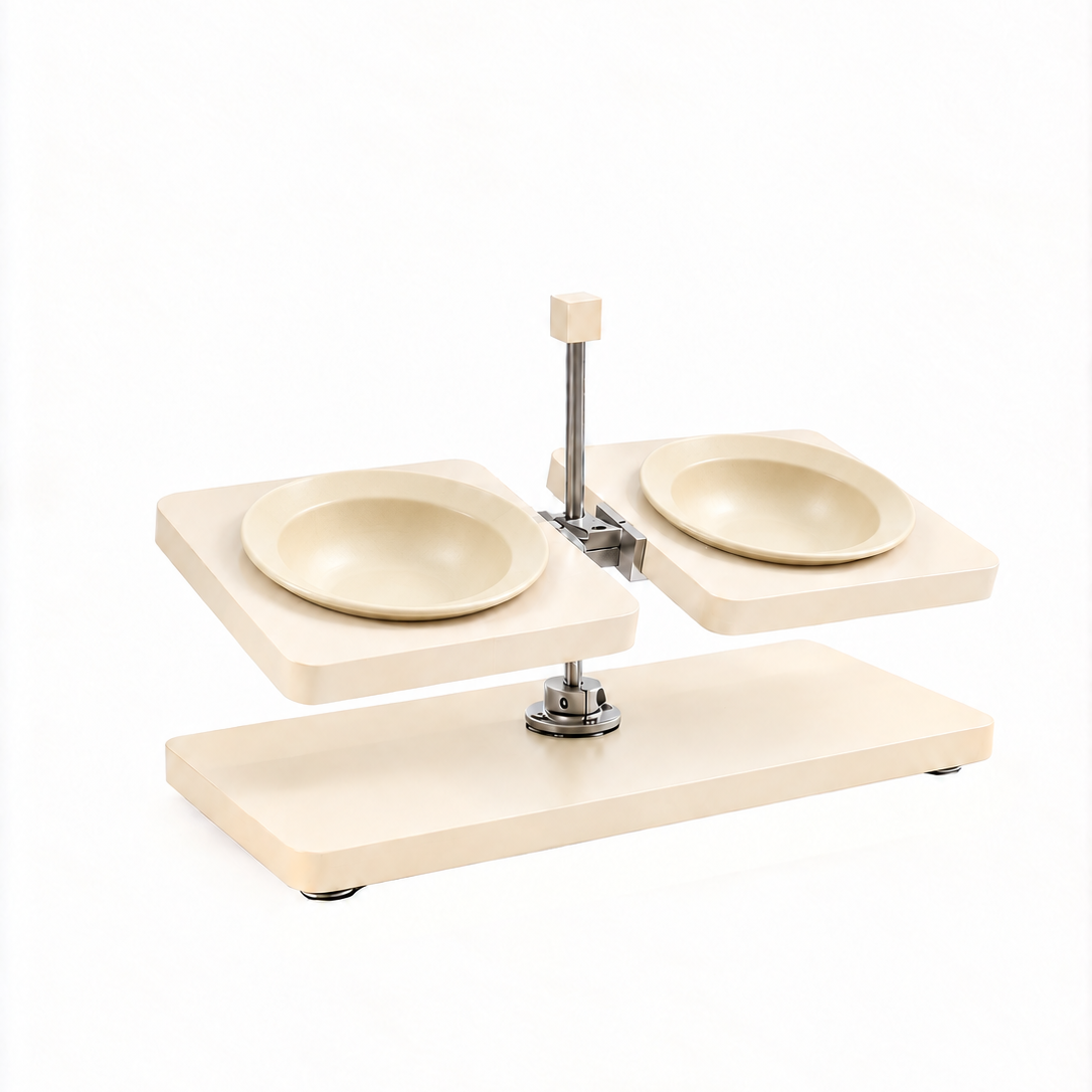 Off white elevated dog feeder with beige ceramic bowls product shot white background