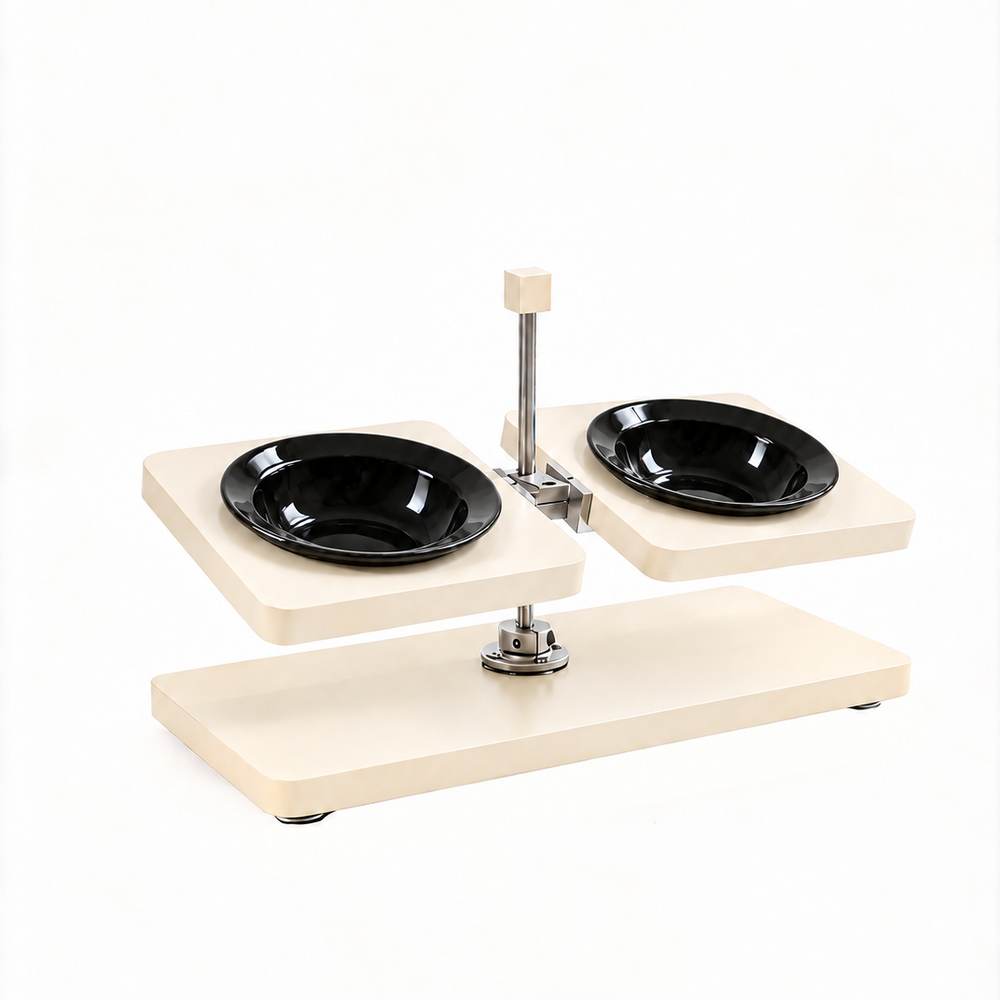 Off white elevated dog feeder with black ceramic bowls product shot white background