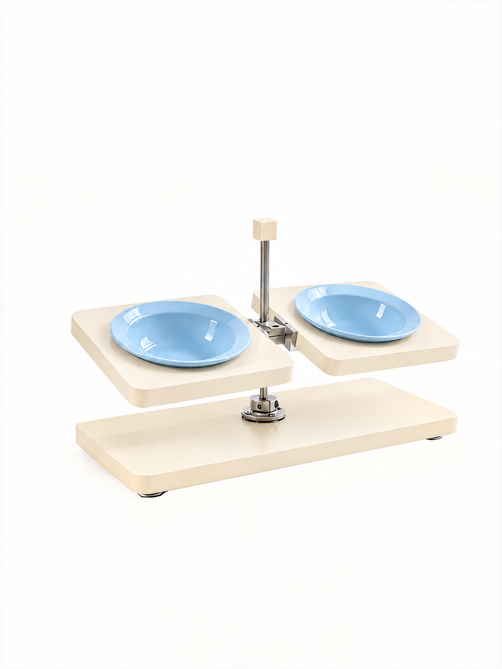 Off white elevated dog feeder with light blue ceramic bowls product shot white background