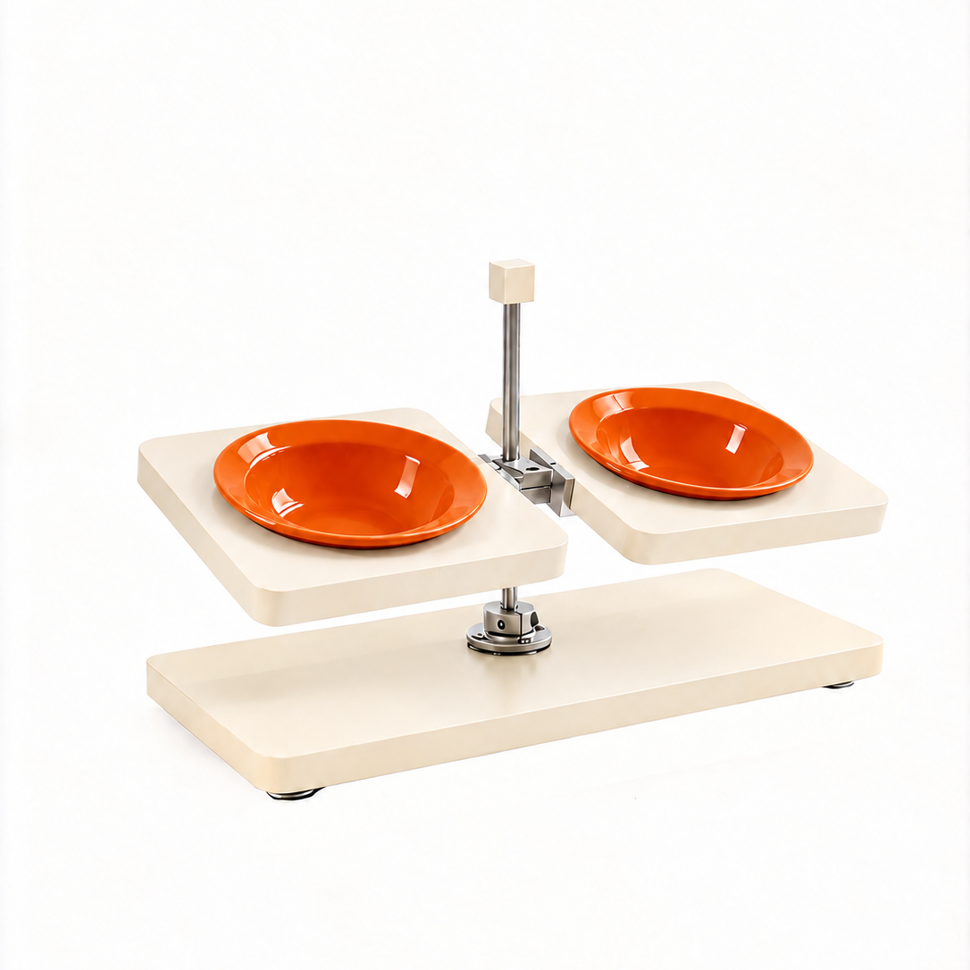 Off white elevated dog feeder with orange ceramic bowls product shot white background