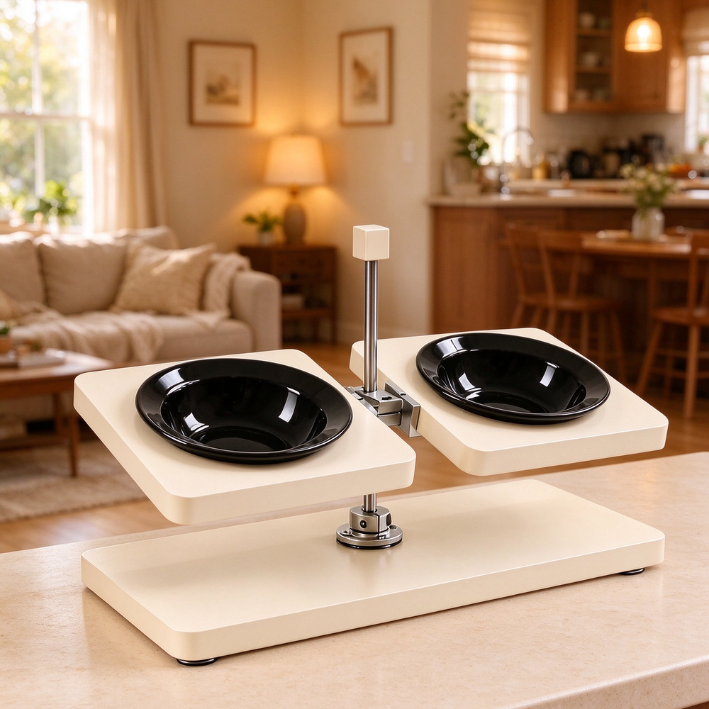 Off white elevated dog feeder black ceramic bowls warm dining room home decor