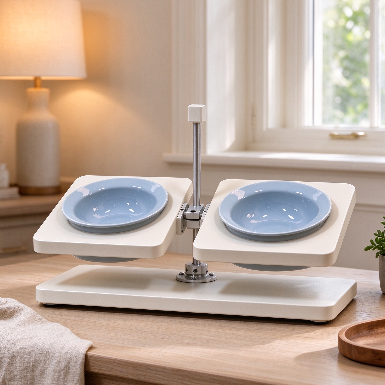 Off white elevated dog feeder light blue bowls in bright warm kitchen near window