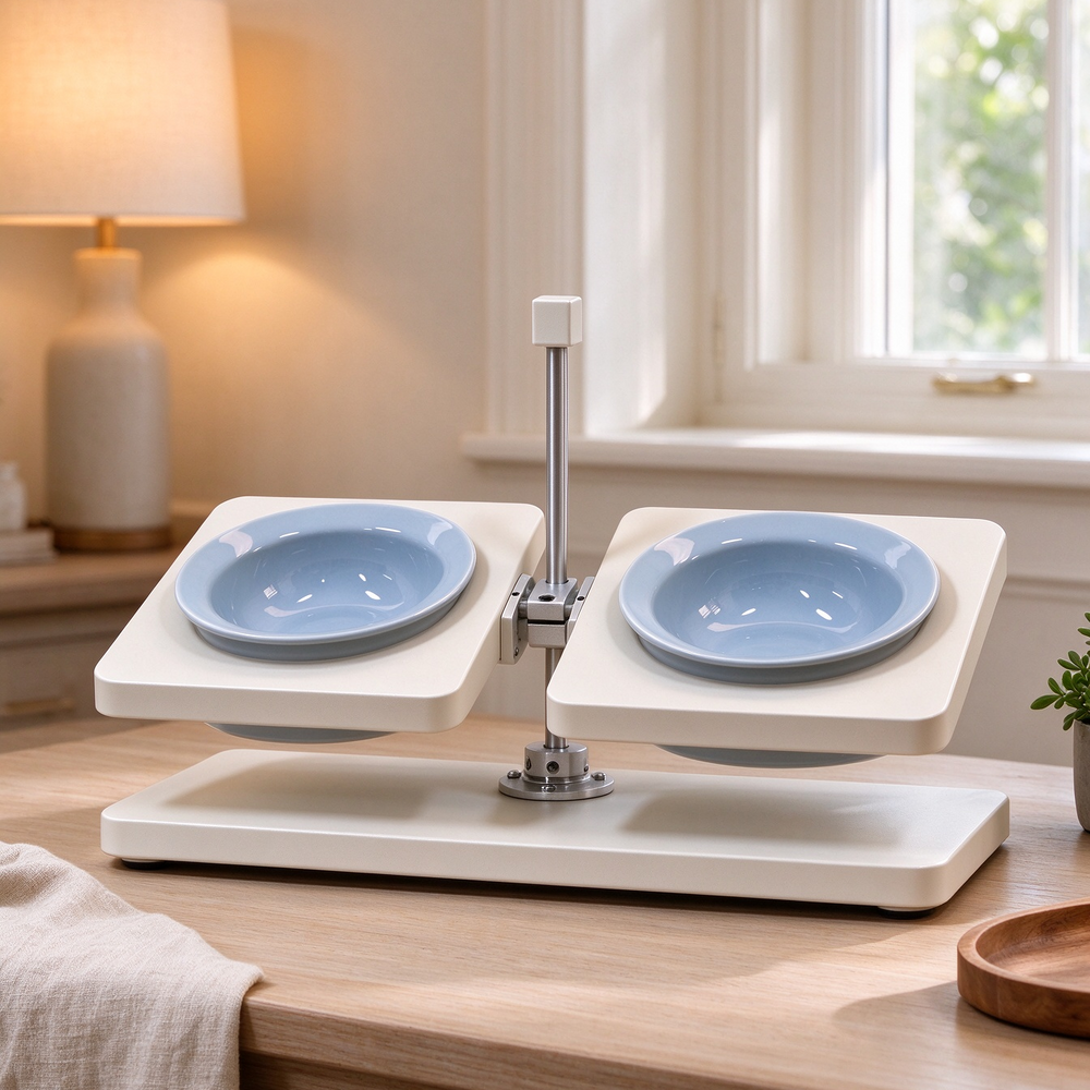 Off white elevated dog feeder light blue bowls in bright warm kitchen near window