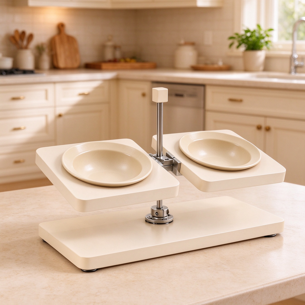 Off white elevated pet feeder beige bowls placed on warm kitchen countertop