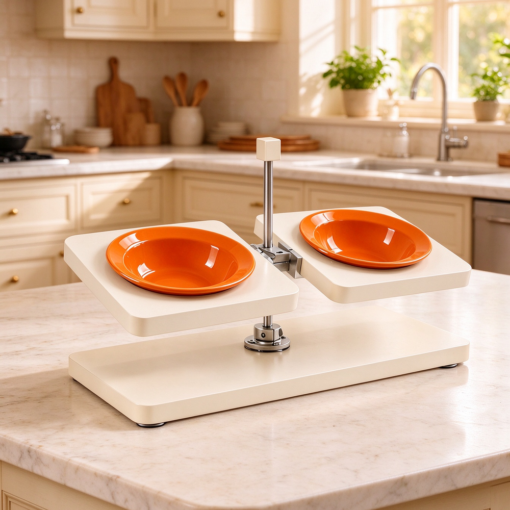 Off white elevated pet feeder orange ceramic bowls cozy american style kitchen
