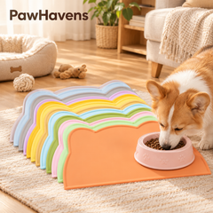 PawHavens cat ear silicone feeding mat corgi eating from bowl colorful mats