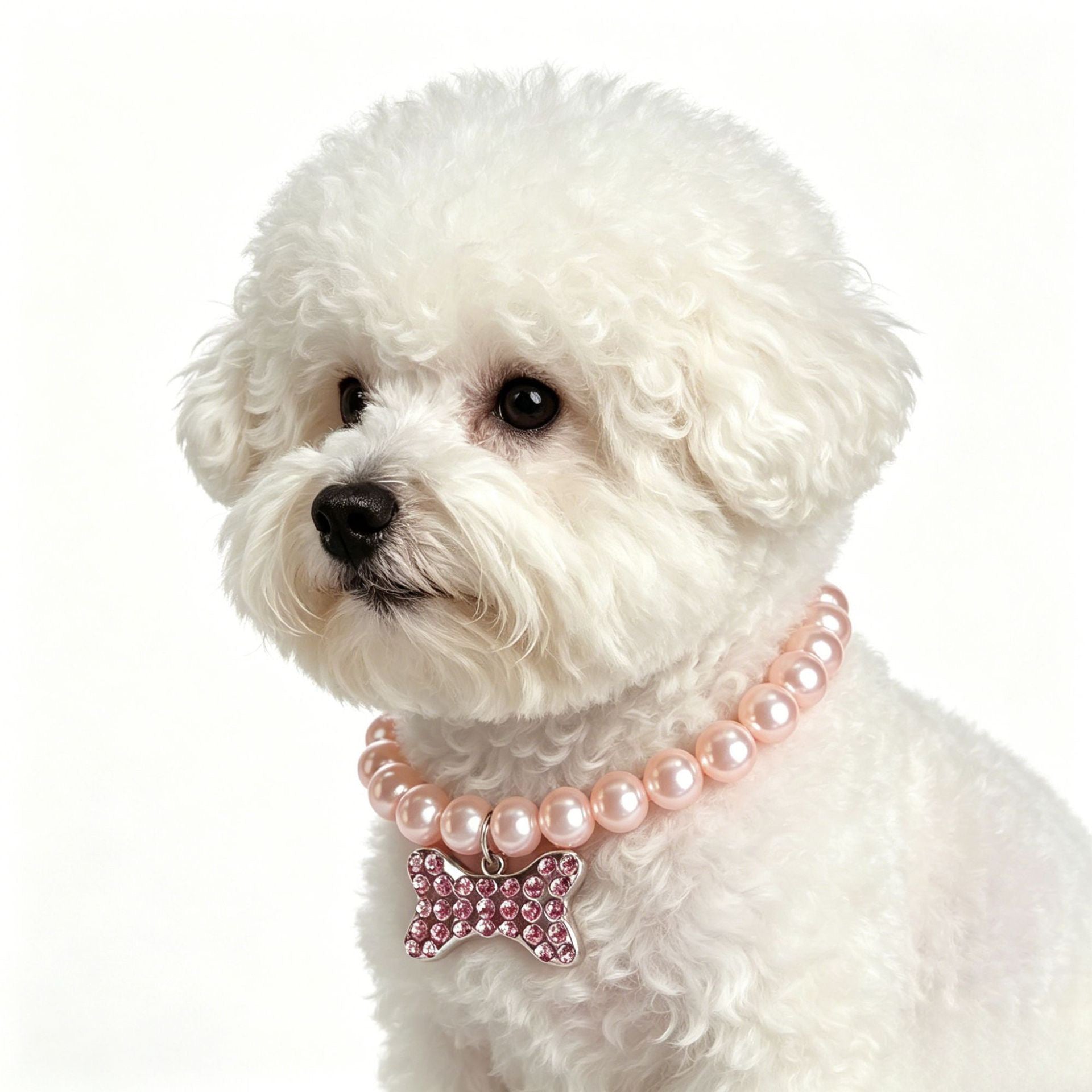 Side view of a dog wearing a pearl necklace with bone charm