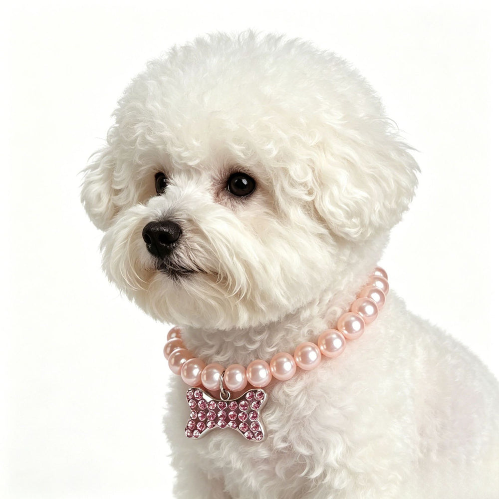 Side view of a dog wearing a pearl necklace with bone charm
