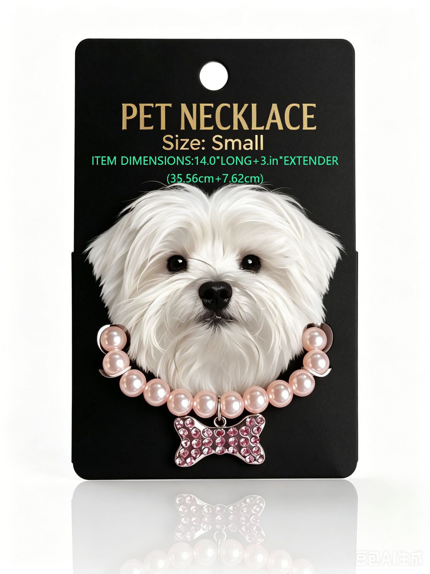 Pearl pet necklace with crystal bone charm on a small dog