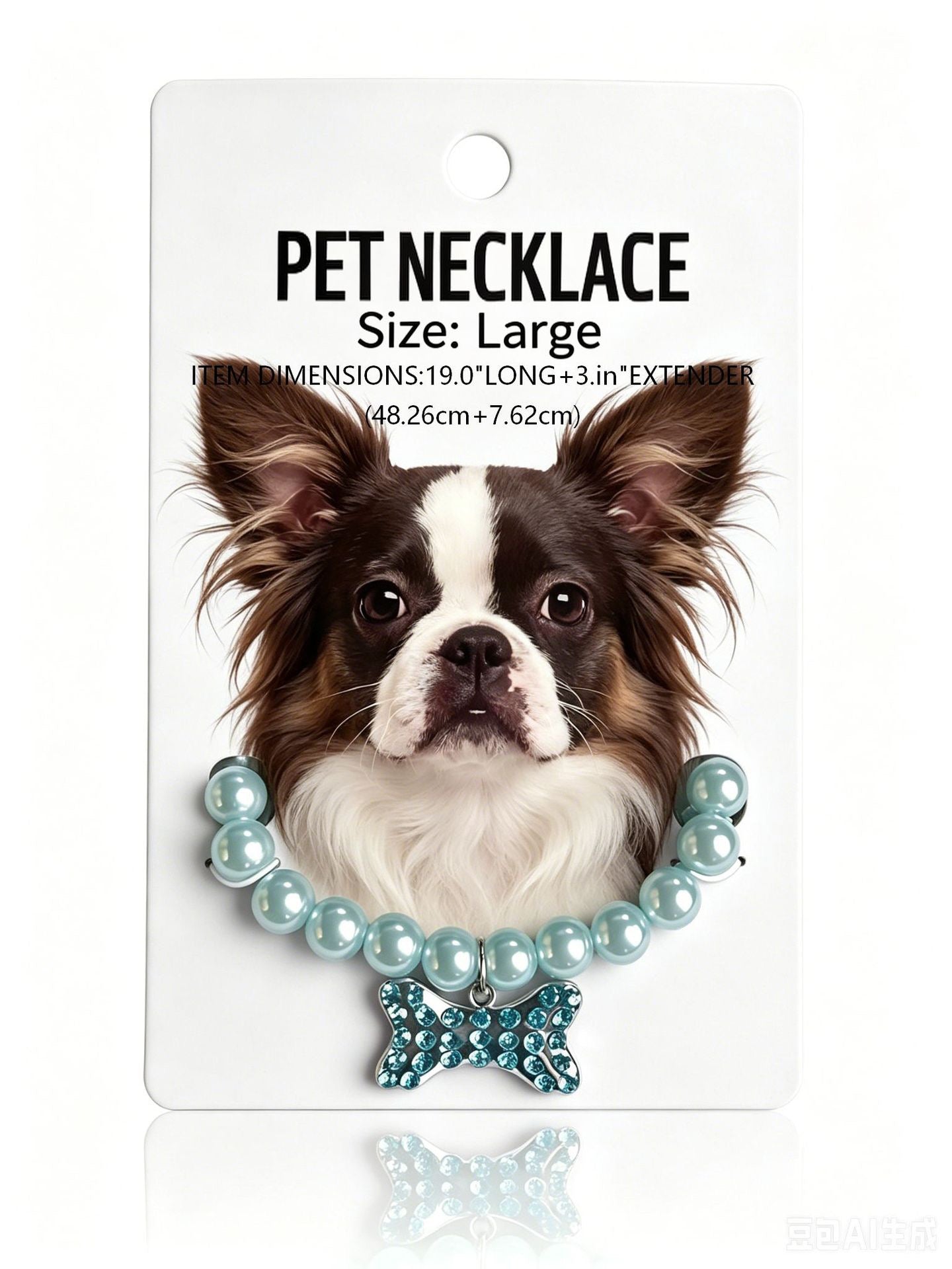 Pearl pet necklace with crystal bone charm on a brown and white dog