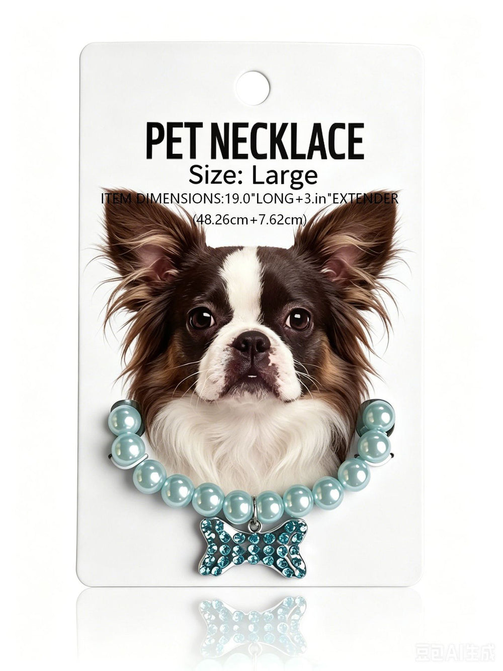 Pearl pet necklace with crystal bone charm on a brown and white dog