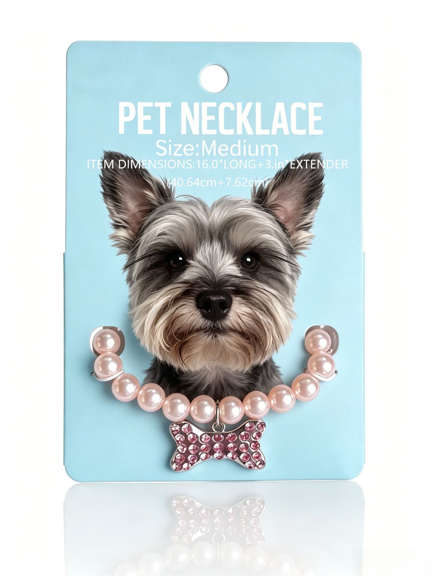 Pearl dog necklace with crystal bone charm on a Yorkshire Terrier