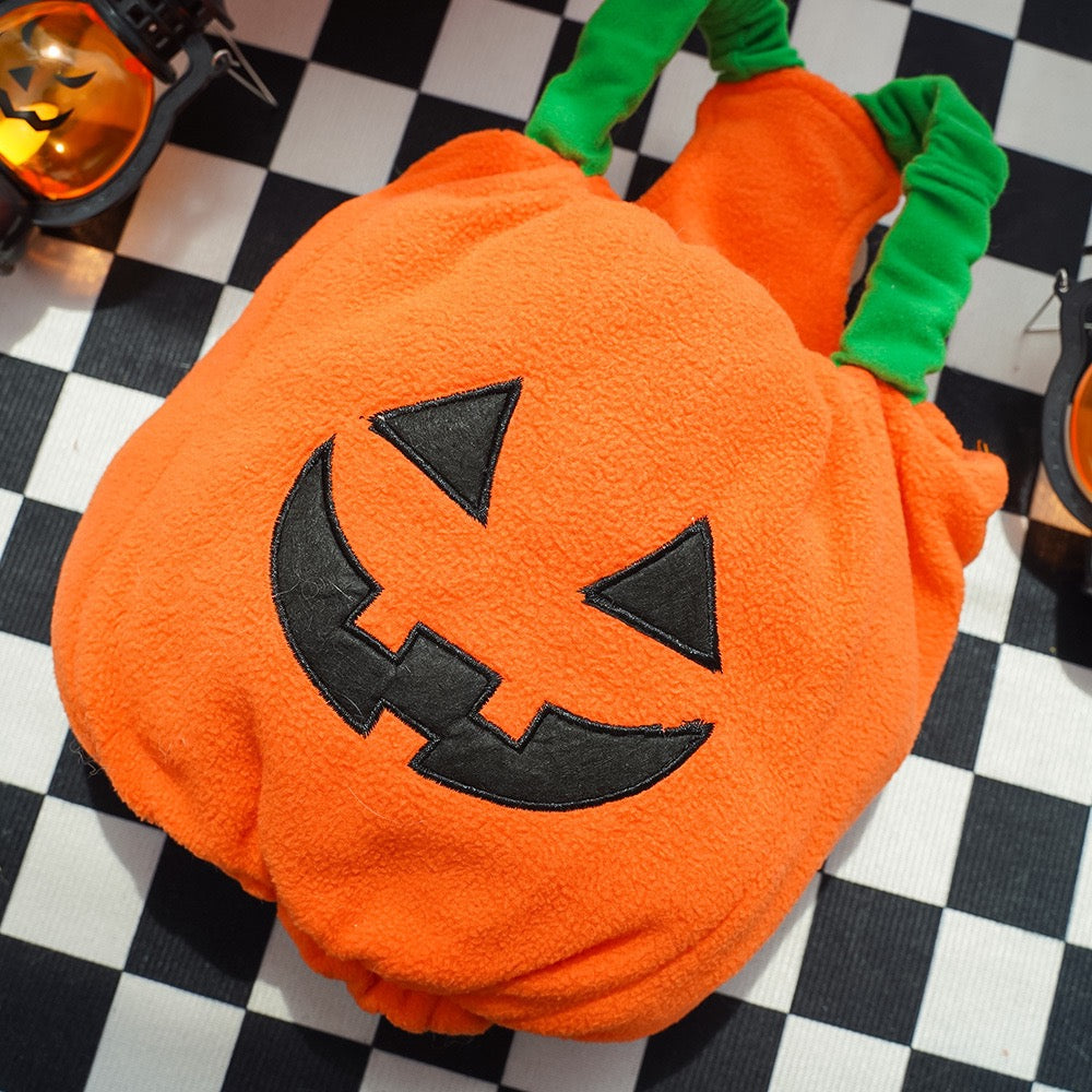 Flat lay of orange pumpkin dog costume, Halloween jack-o-lantern pet clothing without model