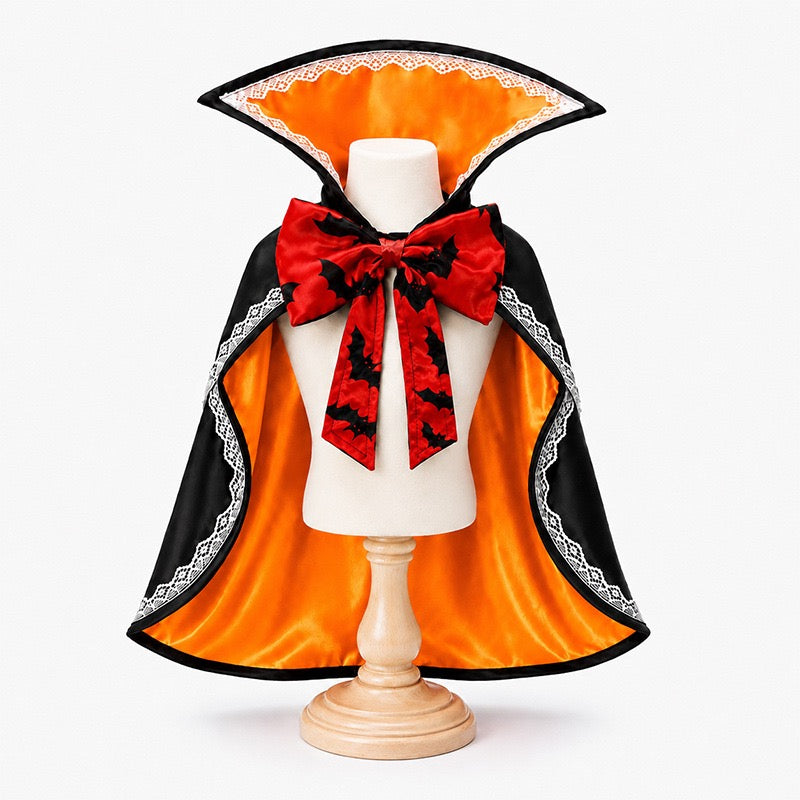 Halloween pet vampire cloak orange inner lining, bat bow gothic costume for cat and small dog