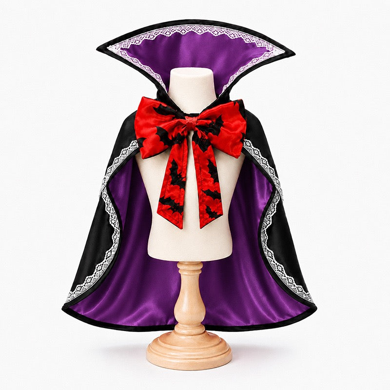 Pet vampire halloween cape with purple lining, gothic stand collar bat bow costume for cat small dog