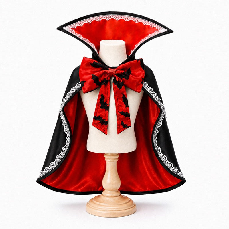Pet vampire cape red satin lining, halloween gothic costume with lace trim and bat bow for pets