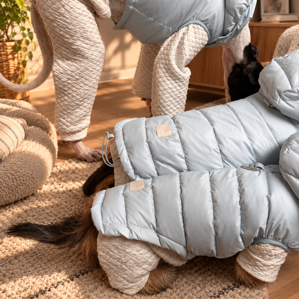 Close-up of the quilted outer layer and padded dog vest design
