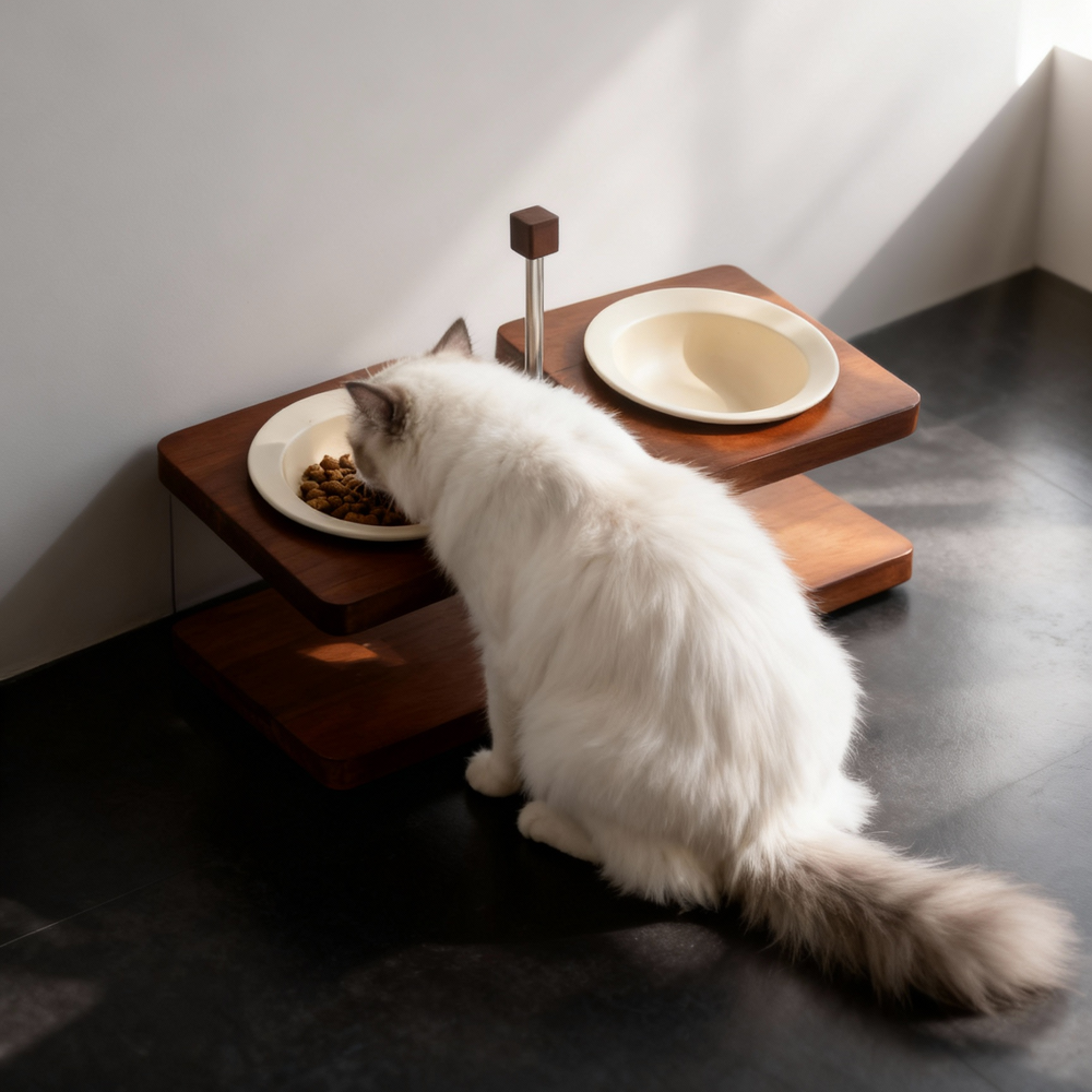 Ergonomic elevated wood cat feeding stand, longhair cat eating from cream ceramic bowl
